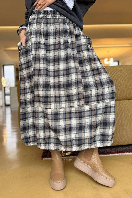 Roberta Plaid Brushed Cotton Balloon Hem Skirt Shadow